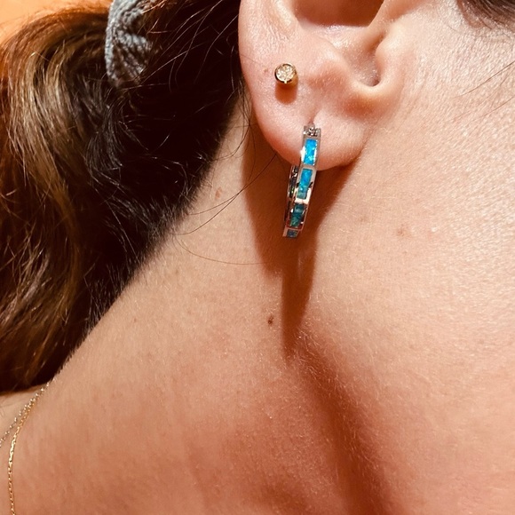 Blue Opal Earrings Round Circle Hoop Earrings - Picture 4 of 4